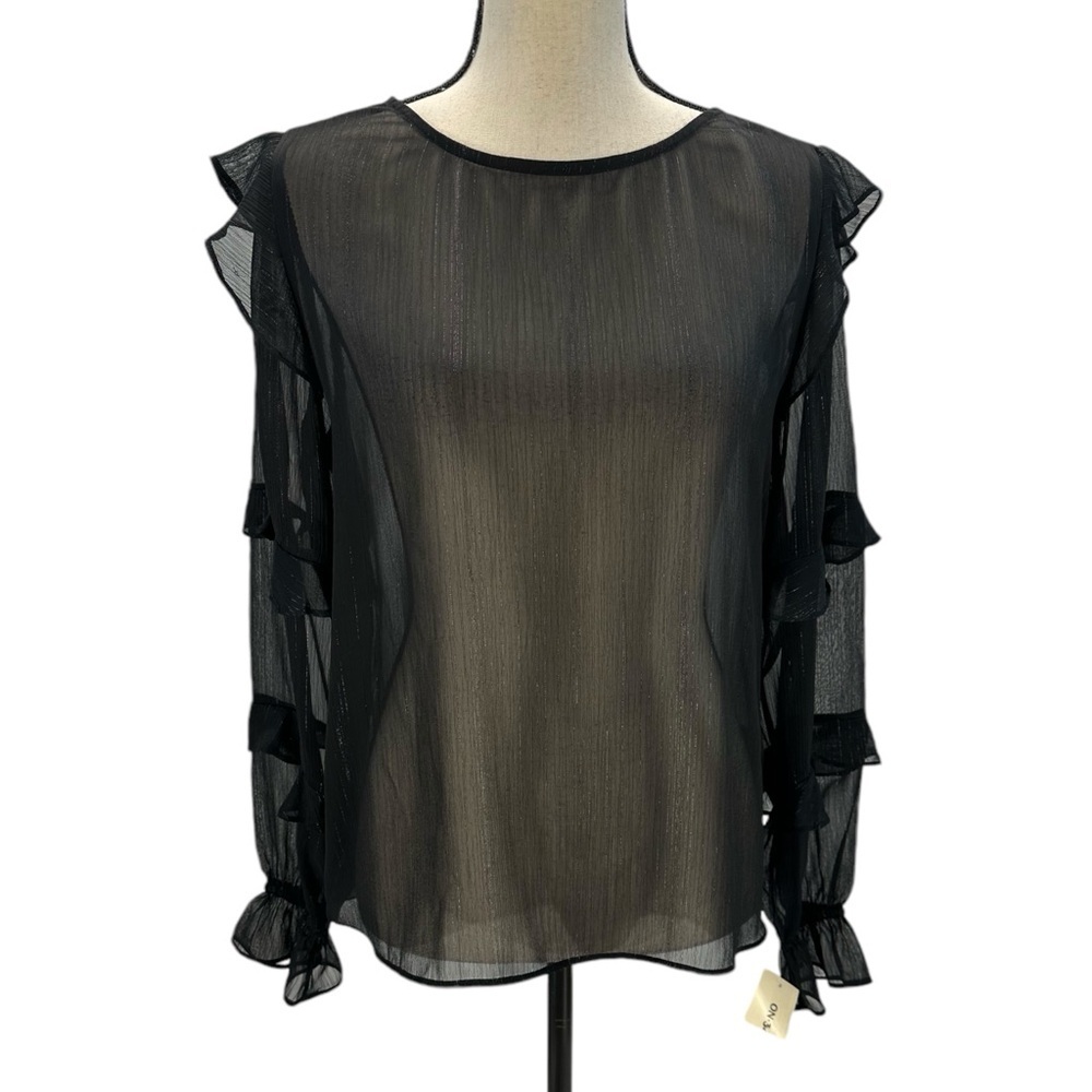 ON-34th Long Tiered Ruffle Sleeve Sheer Blouse - Black - size Small